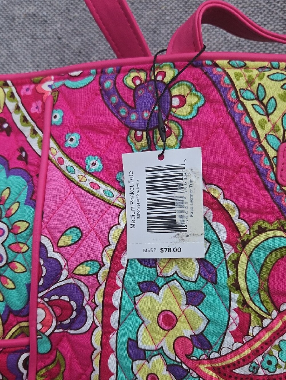 Vera Bradley Hot Pink Quilted Paisley Tote ..Pink Swirls - Picture 4 of 4